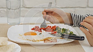 Child Eating Breakfast in Kitchen, Kid Eats Healthy Food Eggs, Girl Vegetables