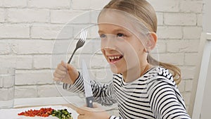 Child Eating Breakfast in Kitchen, Kid Eats Healthy Food Eggs, Girl Vegetables