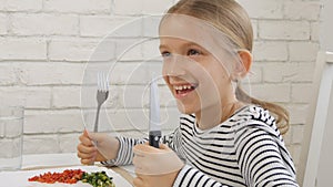 Child Eating Breakfast in Kitchen, Kid Eats Healthy Food Eggs, Girl Vegetables