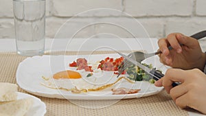 Child Eating Breakfast in Kitchen, Kid Eats Healthy Food Eggs, Girl Vegetables