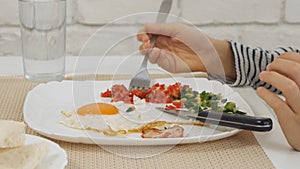 Child Eating Breakfast in Kitchen, Kid Eats Healthy Food Eggs, Girl Vegetables