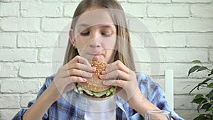 Child Eating Fast Food, Adolescent Kid Eats Hamburger in Restaurant, Teenager Girl with Unhealthy Cheeseburger Sandwiches, Snacks