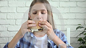 Child Eating Fast Food, Adolescent Kid Eats Hamburger in Restaurant, Teenager Girl with Unhealthy Cheeseburger Sandwiches, Snacks