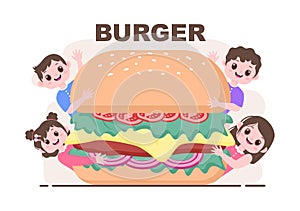 A Child Is Eating Fast Food Background Vector Illustration With Foods For Burger, Pizza, Donuts, French Fries, Hot Dog or Cola.