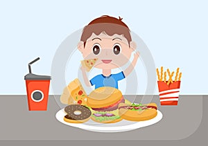 A Child Is Eating Fast Food Background Vector Illustration With Foods For Burger, Pizza, Donuts, French Fries, Hot Dog or Cola.