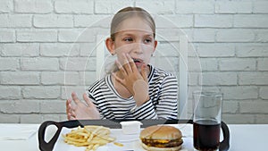 Child Eating Fast Food, Kid Eats Hamburger in Restaurant, Girl Drinking Juice