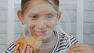 Child Eating Fast Food, Kid Eats Hamburger in Restaurant, Girl Drinking Juice