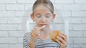Child Eating Fast Food, Kid Eats Hamburger in Restaurant, Girl Drinking Juice