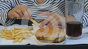 Child Eating Fast Food, Kid Eats Hamburger in Restaurant, Girl Drinking Juice