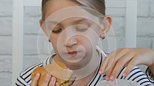 Child Eating Fast Food, Kid Eats Hamburger in Restaurant, Girl Drinking Juice