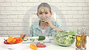 Child Eating Green Salad, Kid in Kitchen, Girl Eat Fresh Vegetable, Healthy Food