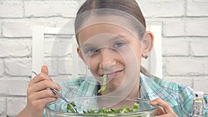 Child Eating Green Salad, Kid in Kitchen, Girl Eat Fresh Vegetable, Healthy Food