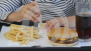 Child Eating Hamburger, Kid in Fast Food Restaurant, Girl Drinking Juice