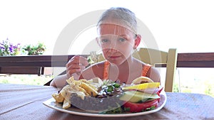 Child Eating Healthy Food, Kid Eats Vegetables at Restaurant, Hungry Girl