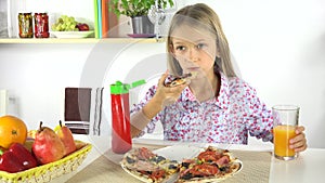 Child Eating Pizza, Kid Drinking Oranges Juice Girl Eats Unhealthy Food Kitchen