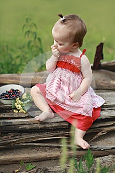 Child eats red currant berries and blueberries with an appetite from a plate sitting in garden on old planks.