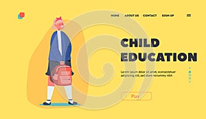 Child Education Landing Page Template. Blonde Schooler Girl with Rucksack with Happy Face Expression, Student Education