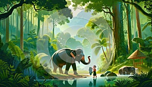 Child and Elephants in Jungle