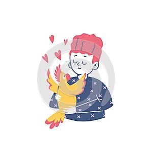 Child embracing and hugging funny parrot, flat vector illustration isolated.