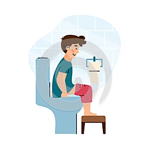 Child emptying his bowels sitting on toilet bowl, vector illustration isolated.