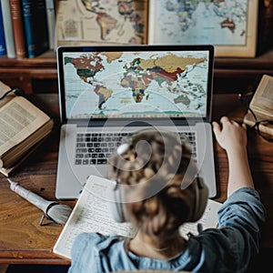 Child Engrossed in Digital World Map