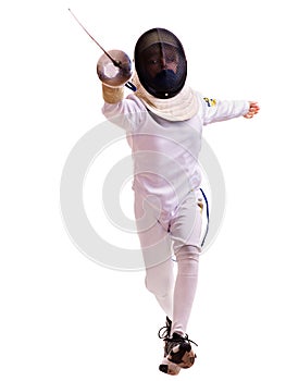 Child epee fencing lunge.