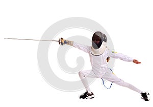 Child epee fencing lunge.