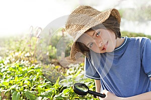 child explores nature