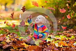 Child in fall park. Kid with autumn leaves.