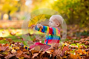 Child in fall park. Kid with autumn leaves.