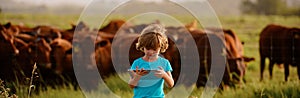 Child farmer at cows farm. Kids at countryside. Kid with tablet at farm.