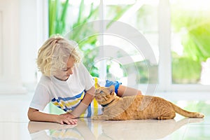 Child feeding home cat. Kids and pets