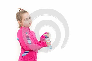 Child feel thirsty in pink suit isolated on white