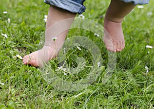 Child feet on grass