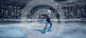 Child figure skater on winter lake  background