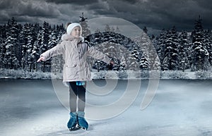 Child figure skater on winter lake  background