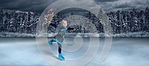 Child  figure skater on winter lake  background