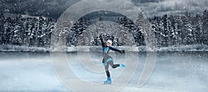 child  figure skater on winter lake  background