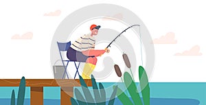 Child Fisherman Fishing with Rod on Wooden Pier at River or Lake, Boy Fun on Pond Catching Fish. Kid Leisure on Nature