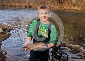 Child fishing - holding a Rainbow Trout