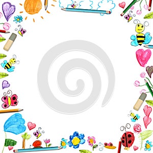 Child flowers frame - scribbles drawings background isolated