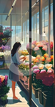 child and flowers woman collects a bouquet in a glassed flower shop photo