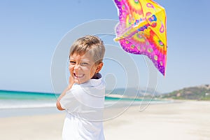 Child flying kite beach outdoor.