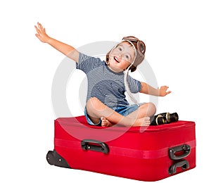 Child Flying on Travel Suitcase, Kid Pilot in Aviator Hat, White