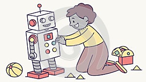 Child focused on assembling a robot toy, learning engineering and technology, vector design Generative AI