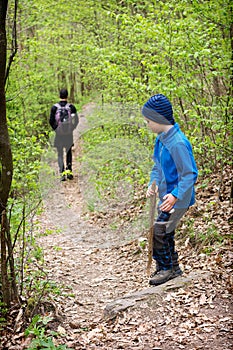 Child on a forest path in spring