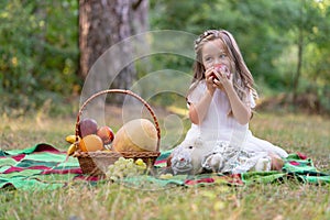 Child on forest picnic eating apple. Toddler kid in sunny park or garden. Little girl enjoying leisure.