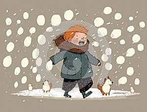 A child in a furlined parka their face filled with joy as they toss snowballs to their many dogs who happily run