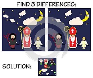 Child game - find 5 differences in pictures, with solution, Cute cartoon greeting card with Saint Nicholas, angel and devil cha.