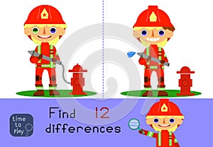 Child Game. firefighter. colors. connect the dots.find the difference. firefighter in red uniform.